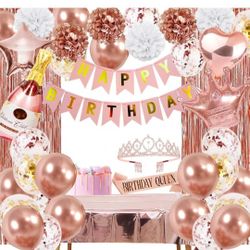 Brand New Rose Gold Birthday Decorations for Women, White and Rose Gold Party Decor with Happy Birthday Banner and Balloons, Sash and Crown, Curtains