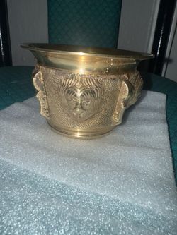 Vintage Brass Planter Cachepot - Lion Face Design, Ornate