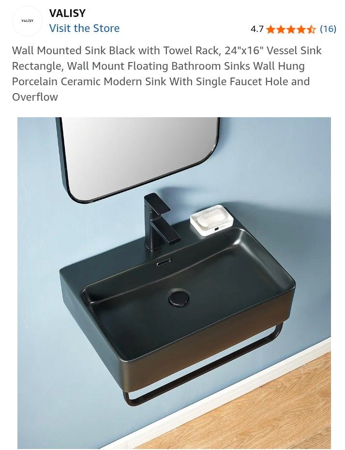 Mounted Sink Black with Towel Rack, 24"x16" Vessel Sink Rectangle, Wall Mount Floating Bathroom Sinks Wall Hung Porcelain Ceramic Modern Sink With Sin