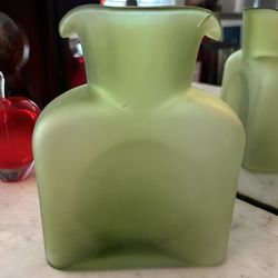 BLENKO Green Satin Frosted Art Glass Bottle Jug Vase Double Spouted