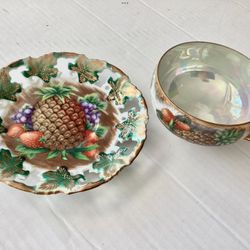 1950s Footed Teacup + Saucer Iridescent Fruit Motif Reticulated Royal Sealy China