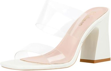 NDEGSHSM Women's Clear Two-Strap Chunky Heeled Slides – Transparent Block Heel Sandals, Size 6-11