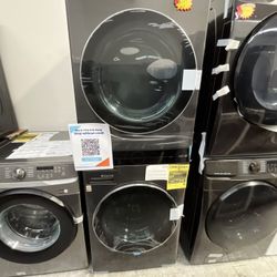 black stainless lg thinq front load washtower stackable