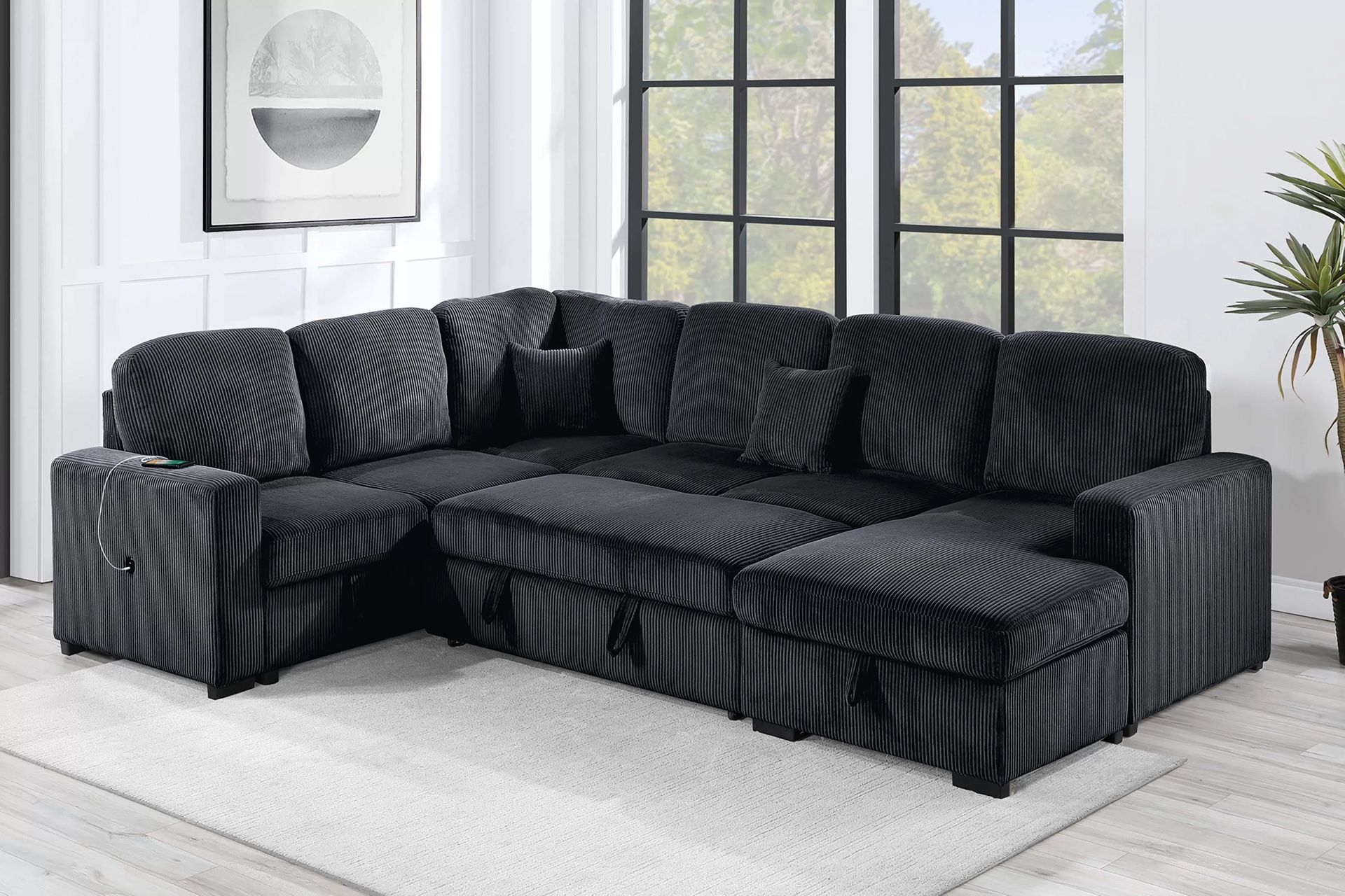 New! USB Black Sectional Sofa Bed, Sleeper Sofa, Couch, Sectional, Sofa, Black Couch, Black Sectional, Plush Sectional Couch, Sectional With Storage