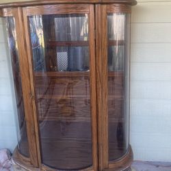 Antique Oak Curved Glass Clawfoot China Curio Cabinet 