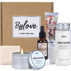 Brand New Gift Set for Women 5pcs Cherry Blossom Spa Set, Birthday Gifts for Women with Massage Oil, Scented Candle, Bath Salts, Hand Cream