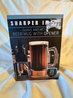Glass and metal beer mug with opener