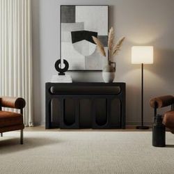 47 in. Black Rectangle Top Console Living Room Table with Modern Arch Textured MCM Mid Century