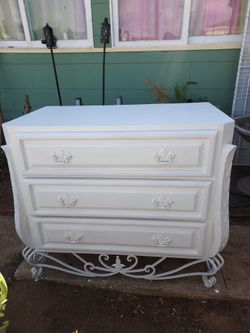 Vintage White 3 Drawer Dresser Chest with Ornate Handles & Metal Scroll Base