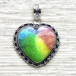 Heart Rainbow Solar Quartz Gemstone 925 Sterling Silver 2” Pendant