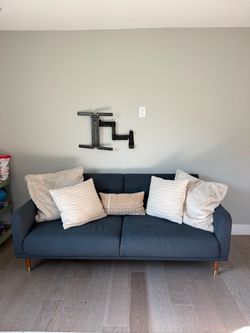 Mid Century Modern Couch from Copenhagen in Cloth, Walnut, and Brass