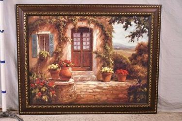 Large Vintage French Country Print 'Pastoral Retreat' Walnut & gold frame