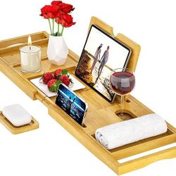 Premium Bathtub Tray Caddy - Bath Tray Bamboo Expandable - Bath Tub Tray Table for Bathtub - Expandable Size, Fits Most Bath Tubs