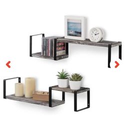 25-Inch Rustic Torched Wood And Industrial Black Metal Frame Wall Mounted Shelves (2 Per Set)


