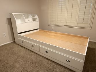 White Twin Captain's Storage Bed Frame with Bookcase Headboard & Under-Bed Drawers