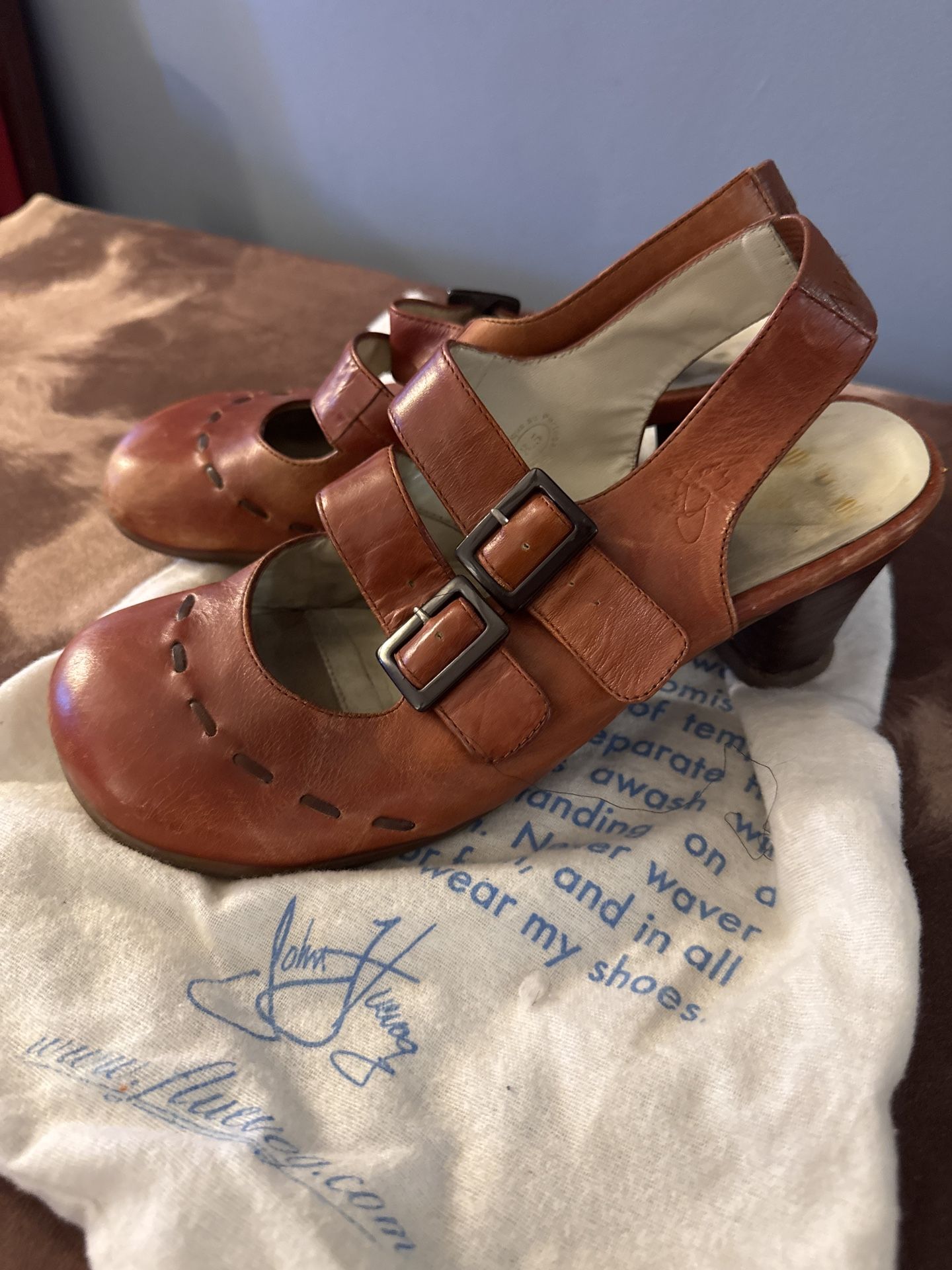 John Fluevog Orange Leather Slingback Heels