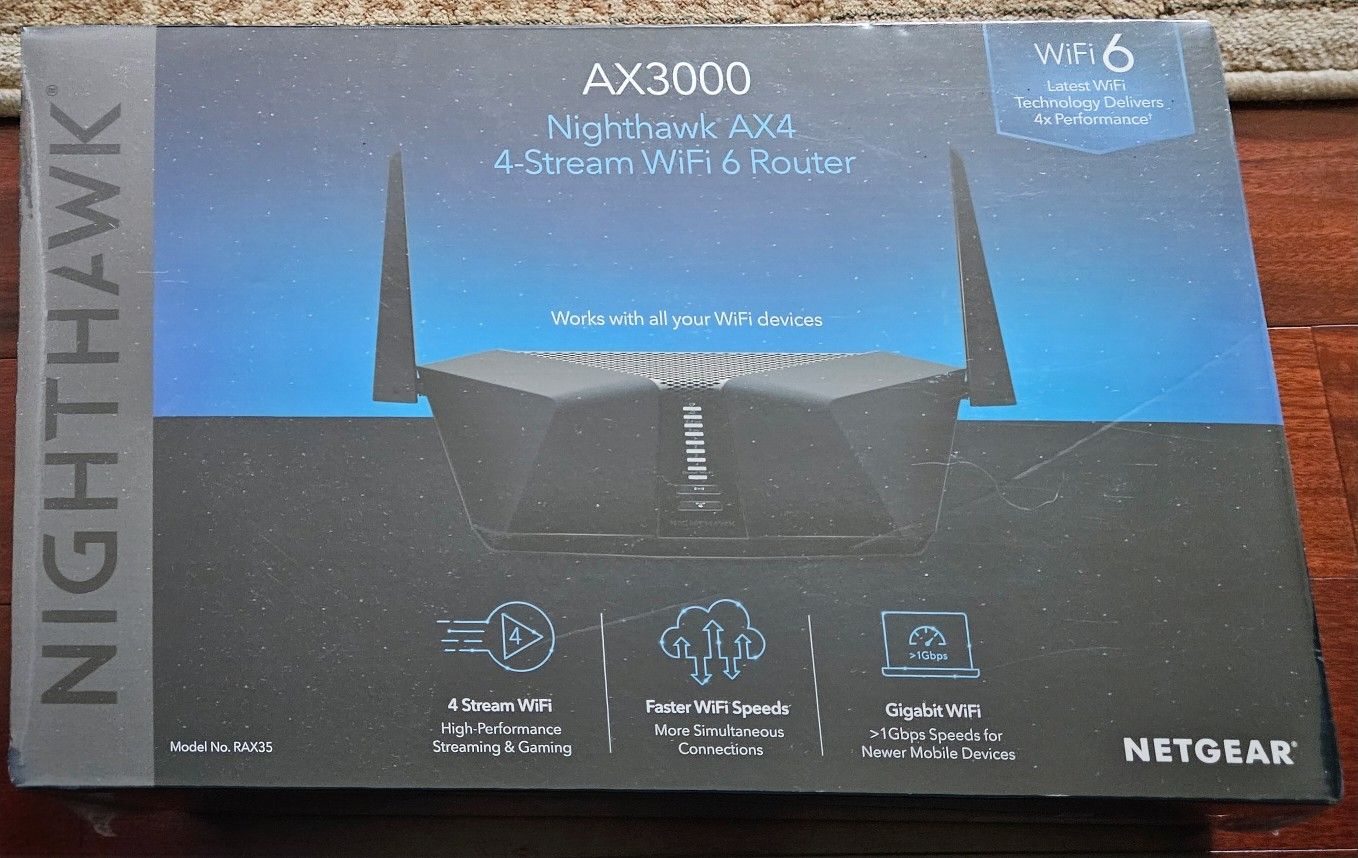 New in box never used NETGEAR RAX35 Nighthawk AX3000 4 Stream Dual-Band Wi-Fi 6 Router