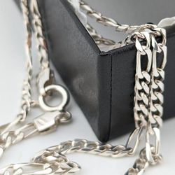 925 Silver FIGARO Link Style Necklace Made In ITALY 