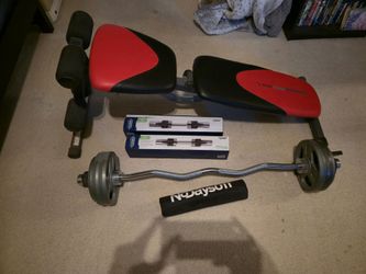 Weights, curl bar, dumbell bars, bench