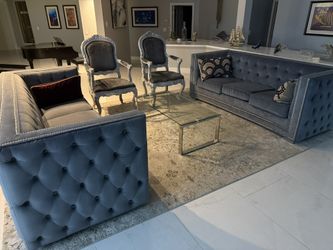 2 Tufted Gray Velvet Sofas And Chairs Great Condition!