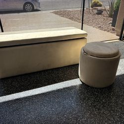 This image features a round storage ottoman and a rectangular storage bench, similar in style to multifunctional upholstered poufs and stools commonly