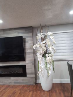 Tall White Vase with Faux Orchid Arrangement