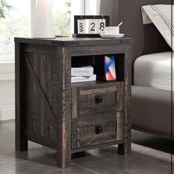 Nightstand with Charging Station, End Table, Side Table with 2 Drawers Storage Cabinet for Bedroom, Living Room, Farmhouse Design, Wood Rustic, Dark R