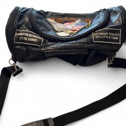 Black Leather Motorcycle Themed Shoulder Bag with Embroidered Patches