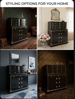 Art Deco Dresser Midcentury Hollywood Regency style black lacquer and gilt ten-drawer bachelors ches