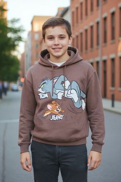 Tom and Jerry Youth Hoodie Brown Graphic Sweatshirt Sz Med