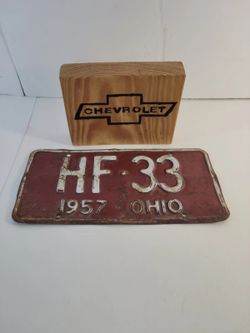 1957 Ohio License Plate HF 33 Chevrolet Bowtie Wood Sign Garage Decor Lot