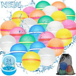 Reusable Water Balloons for Kids,24 PCS Magnetic Refillable Latex-Free Silicone Water Bomb with Mesh Bag, Summer Toys Beach Toys Swimming Pool Party S