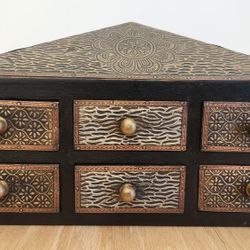 Vintage Treasure Jewelry Box Boho Global Eclectic Hand Carved Wood Silver & Gold Metal Embossed - Valentine's Day Gift