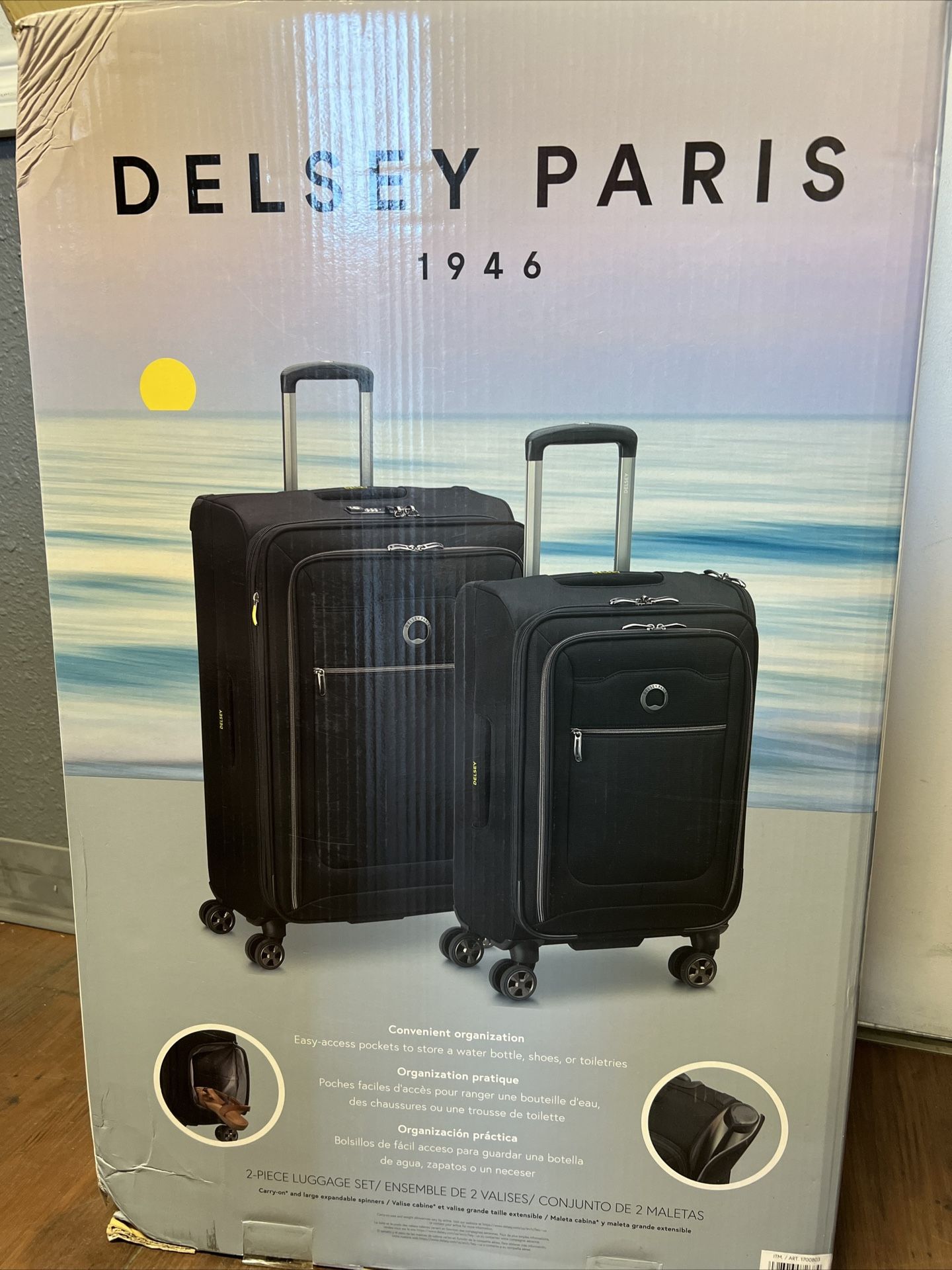 2 PIECE BLACK Delsey Paris Soft Sided Spinner Carryon Checked Bag Luggage 30" 23