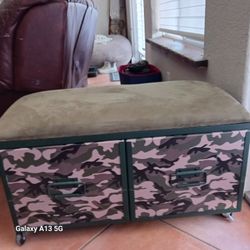 Storage Ottoman with Drawers Camouflage Pattern on The Drawer Fronts and Cushioned Top