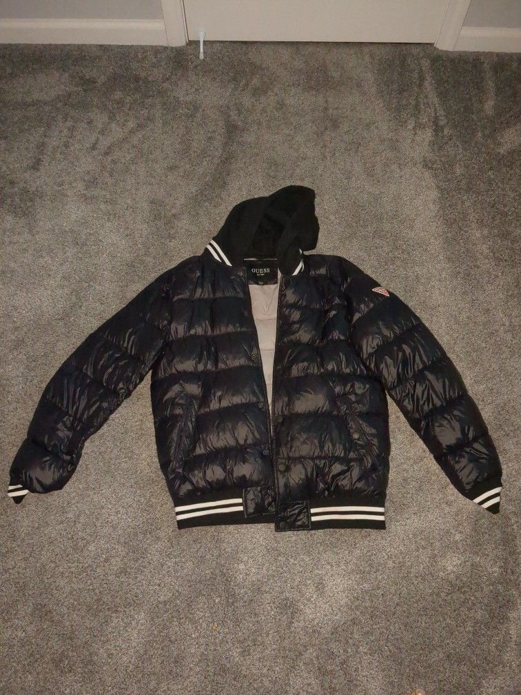 Guess Black Puffer Jacket With Hoodie