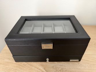 Black Watch & Jewelry Organizer Box with Glass Top & Drawer