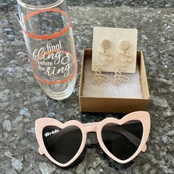 NEW BRIDE EARRINGS, SUNGLASSES AND CHAMPAGNE GLASS