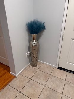 Set of 2 Large Decorative Floor Vases with Teal Feathers – $80