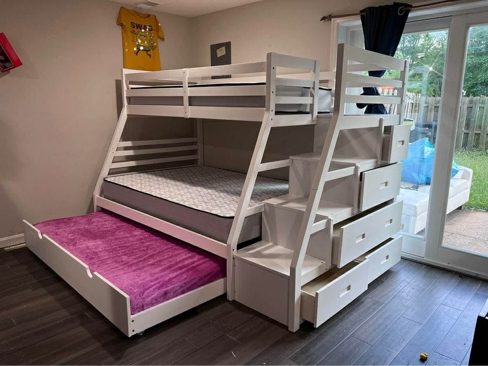 White Jason Twin Full Bunk Bed With Trundle 🖤 Delivery And Finance Available 👉New