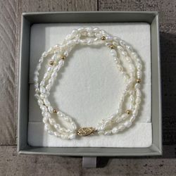 Vintage White Stone And 14KT Gold Bead Triple Strand Bracelet
