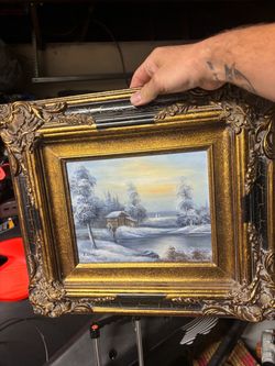 Framed Winter Landscape Oil Painting