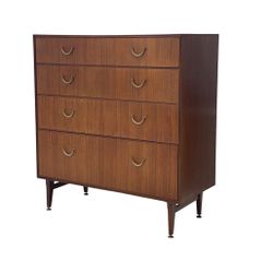 Vintage Recent UK Import Mid-Century Modern 5 Drawer Dresser Mere-dew Style with Brass Toned Pulls 