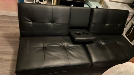 Black Leather Recliner Sofa with Cup Holders