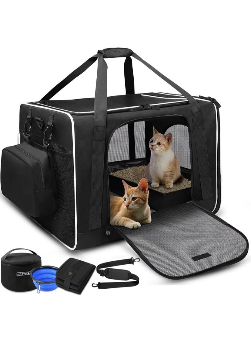 Petskd Extra Large Cat Carrier with Litter Box 24"x17"x17" for Medium Large Cat or 2 Small Cats, Collapsible Soft Sided Pet Carrier for Car Travel wit