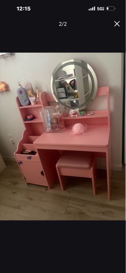 Pink Vanity Desk with Mirror and Stool