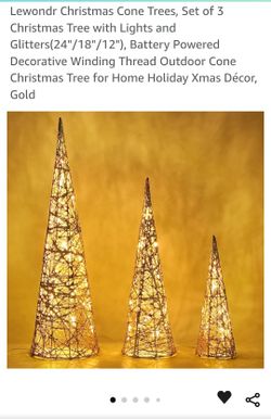 Christmas Cone Trees, Set of 3 Christmas Tree with Lights and Glitters(24"/18"/12"), Battery Powered Decorative Winding Thread Outdoor Cone Christmas 