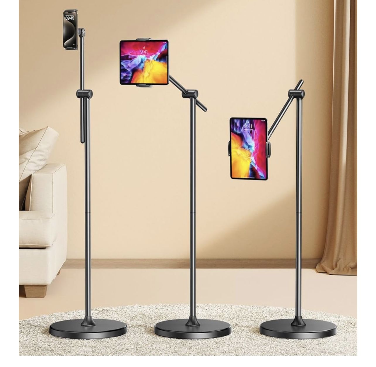 [Height-Adjustable & 360° Rotation Tablet Floor Stand Stable Base, Aluminum Alloy iPad Stand Floor Holder for iPad Mini Air Pro 12.9/9.7, Mo
