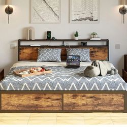 LIKIMIO King Bed Frame with Storage Drawer, 2-Tier Storage Headboard with Charging Station, No Box Spring Needed, Easy Assembly, Vintage Brown