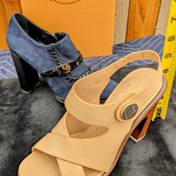 Tod's (Mismatched) Pair Of Blue Suede Zipper/Tan Leather Open Heels - Size 6.5(EU 37) -Made In Italy Condition is New with box